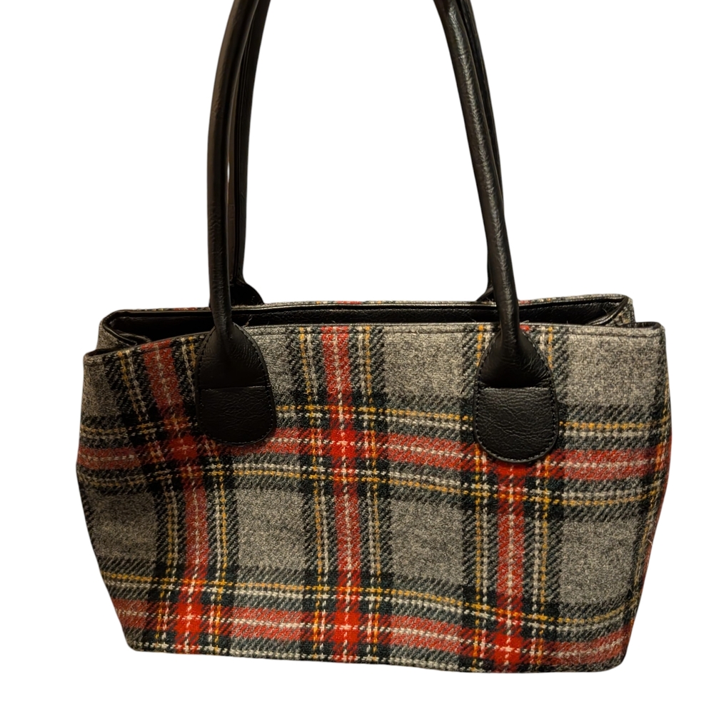Harris Tweed Plaid Shoulder Bag in Gray and Red with Black Handles - Picture 2 of 6